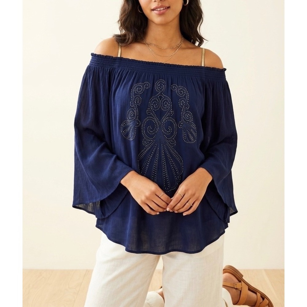 Lilly Pulitzer Nitta‎ Blouse Womens M Navy Off Shoulder Embroidered Bell Sleeve